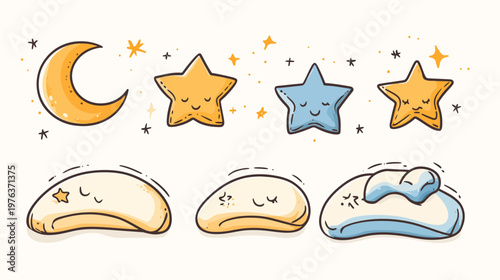 Cute cartoon illustration of celestial bodies, including moon, stars, and sleeping clouds