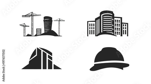 Collection of construction icons buildings, cranes, modern architecture, and a hard hat