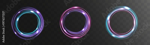 Light neon glowing circular rings set isolated on transparent background futuristic energy loop effect collection.
