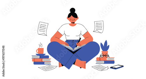 Vector illustration of woman studying, sitting with books and papers, education concept, flat design