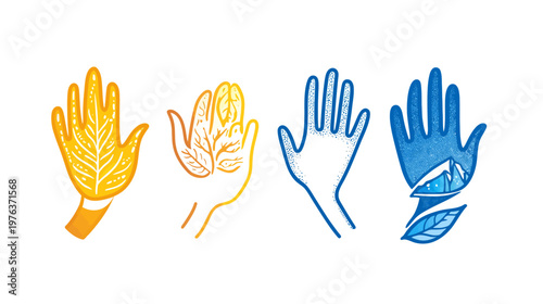 Four stylized hand illustrations with varying textures and internal designs