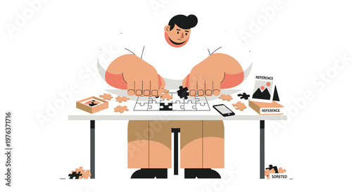 Cartoon man assembling model kit, hobbyist at work, table with tools and parts, DIY project, crafting