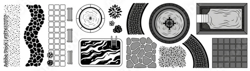 Top Down Landscape Architecture Vector Set: Paving, Pool and Fountain
