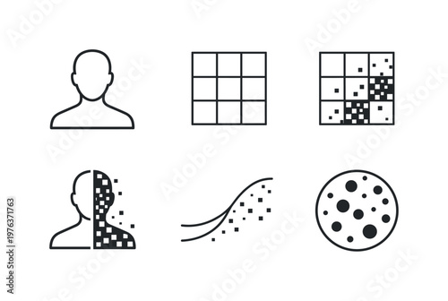 Line vector icons of an avatar composed of clean and “contaminated” data (corrupted–clean mix): avatar silhouette, clean pixel,