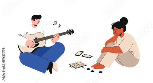 Flat design people playing music, guitar player and singer, casual creative activities, artistic hobbies