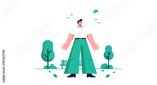Illustration of a man in a park, green trees and leaves, minimalist cartoon character, outdoor scenery