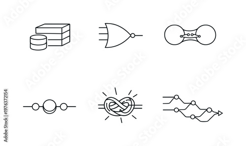 Line style icons of cognitive-style compute links: storage unit tile, processing gate slice, synaptic gap loop, weighted transfer