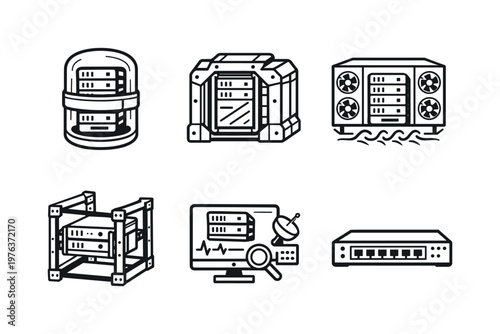 Line style icons of protective server housing: sealed capsule, reinforced shell, cooling chamber, mounting frame, monitoring node