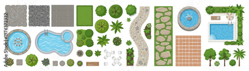 Top Down Landscape Architecture Vector Set: Paving, Fountain, Stones, Tiles and Swimming Pool Elements