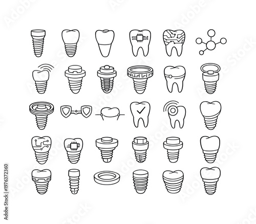 Line style icons of dental implant identifier: implant core, titanium root shape, microchip cavity, encrypted tooth surface,