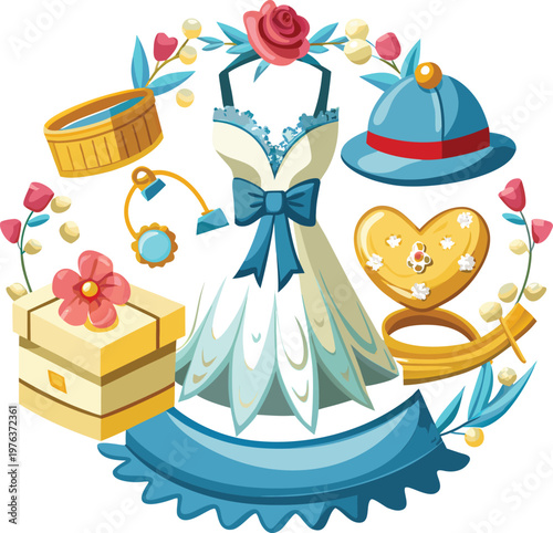 Blue Ribbon White and Blue Prom Dress with Accessories