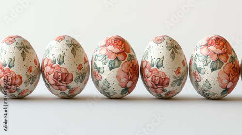 Beautiful Easter eggs with floral rose designs are aligned against a soft white background, perfect for the sp season and holiday celebrations coming soon.