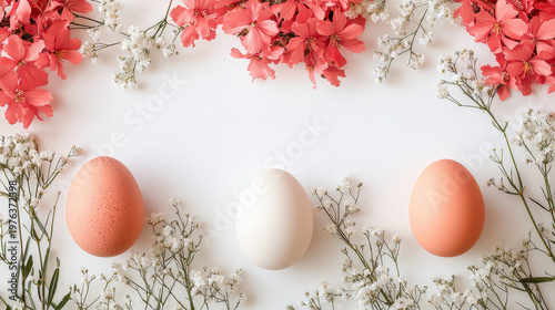 Three easter eggs are led among delicate baby's breath and vibrant pink flowers, creating a beautiful and festive sp composition on a white background.