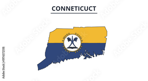 Detailed map silhouette of Connecticut featuring the state's official flag design, showcasing its unique shape and symbolic emblem against a clean white background