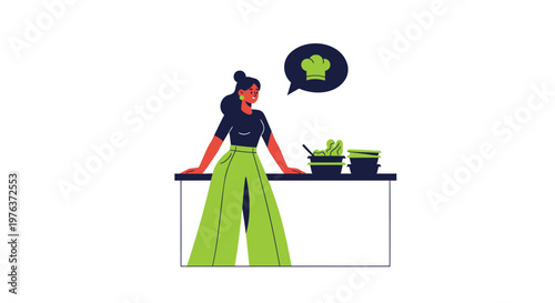 Flat design woman talking, kitchen counter, healthy food, green speech bubble