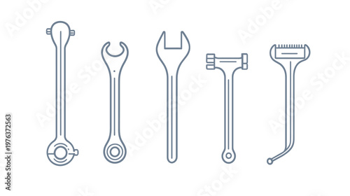 Stylized Illustration of five hand tools, rendered in outline, with a minimalistic blue-gray color