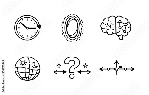 Line style vector icons of time and parallel universe hypotheses: clock-with-arrow outline, portal-motif icon, memory-brain