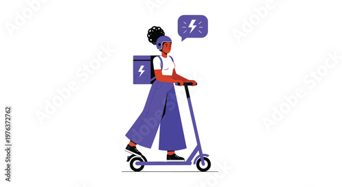 Delivery person on electric scooter, purple uniform, chatting, modern courier, urban transport