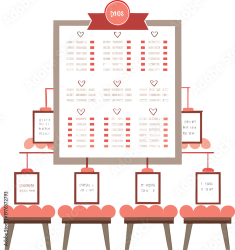 Wedding seating chart with place cards on pink cushioned chairs