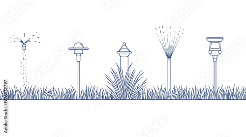 Linear illustration of a landscape scene with sprinklers, plants and various stylized garden lights