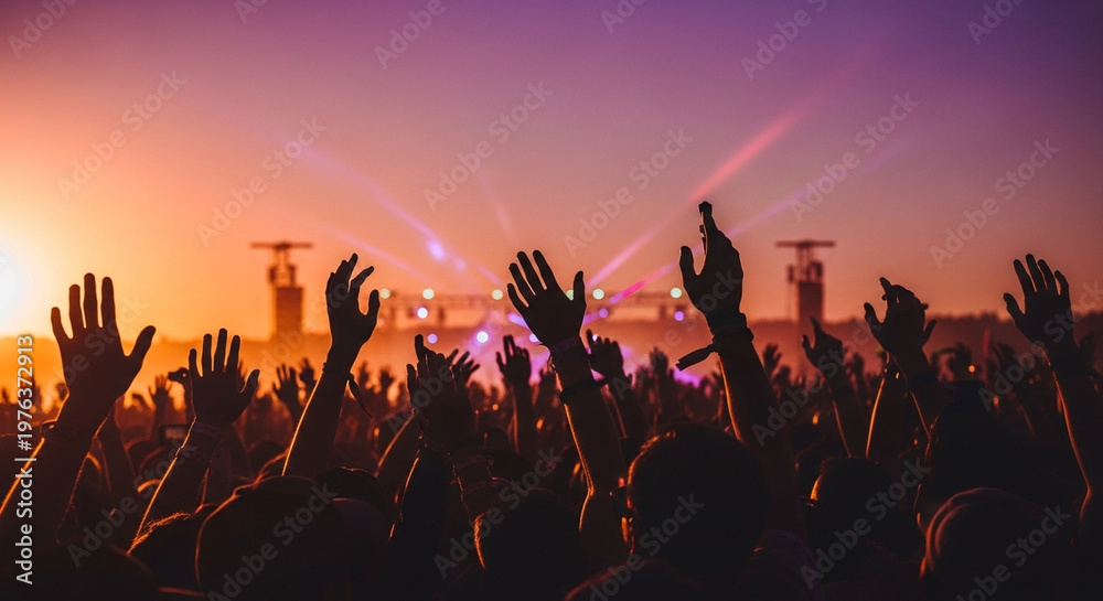 Fototapeta premium Massive Festival Crowd Silhouettes at Sunset with Raised Hands in Collective Euphoric Energy