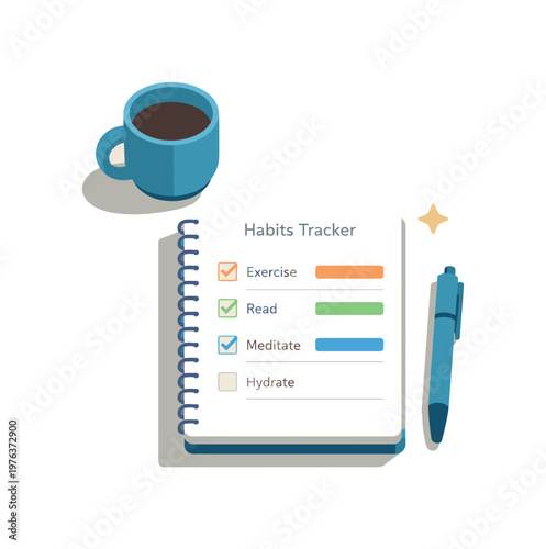 Minimal new habits tracker concept with notebook checklist pen and cup loosely arranged seen from a top-down angle, offset to the