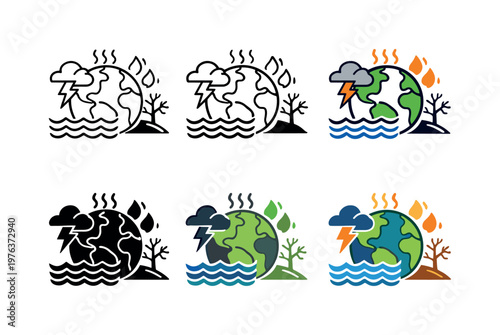 Global environmental risk icon depicting Earth with symbolic heat waves, rising seas, storms, and ecological changes representing