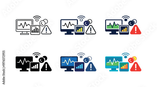 Live data monitoring icon depicting screens, graphs, sensors, and alert symbols representing continuous real-time tracking,