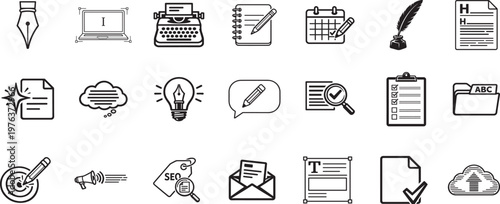Copywriting outline icon set in linear style with editable stroke for web, app, UI design use.