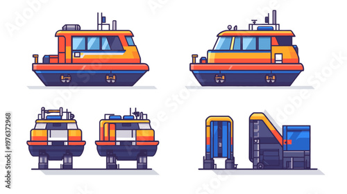 Stylized, colorful illustrations of a boat from multiple perspectives, on a plain white background