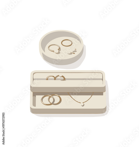 Airy jewelry storage minimal concept emphasizing elegance and negative space seen in top-down macro perspective, positioned in