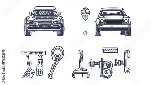 Collection of stylized vector graphics vehicles, parking meter, and various mechanic tools