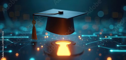 Graduation cap hovers over glowing keyhole revealing bright digital path. Unlocks future career opportunity in advanced tech network. Represents success pathway.