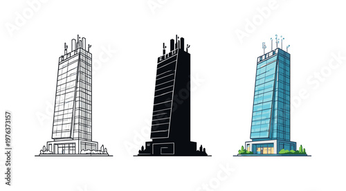 Urban Architectural Trio. City systems context depicted as a modern high-rise building with integrated antenna panels and smart