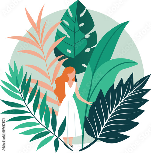 Beautiful woman in white relaxed in nature with exotic leaves around her