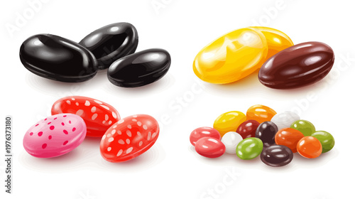 Colorful, glossy illustrations of assorted jelly bean candies in various colors and arrangements