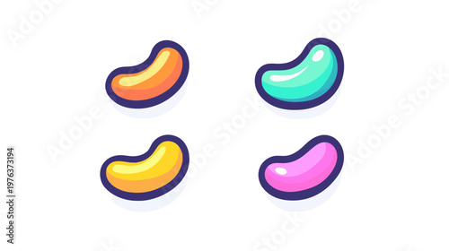 Four stylized jelly bean illustrations in different colors, each with an outline and slight shadow
