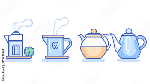 Four stylized illustrations of teapots and a steaming kettle, ideal for design elements