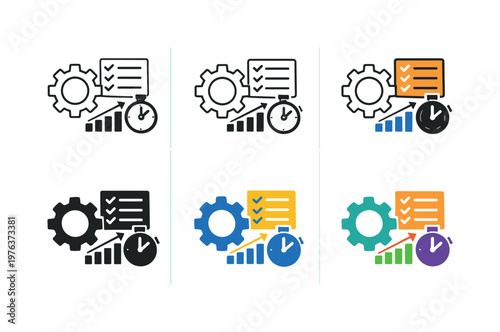 Workflow optimization symbol showing a cogwheel, task list, timer, and progress chart, conveying enhanced operational efficiency