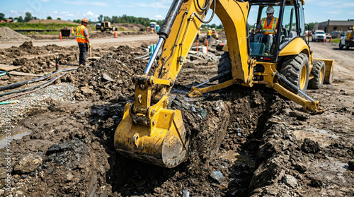 Yellow backhoe loader digging a deep trench in muddy soil. Heavy equipment excavator working at an outdoor construction site. Earthmoving machinery and workers during infrastructure development
