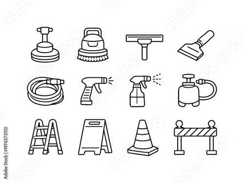Line style icons of deep cleaning routine: polisher, scrubber, squeegee, scraper; hose, nozzle, sprayer, pump; ladder, sign, cone