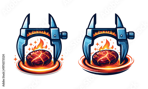 Two-Color vector icons of a pair of calipers measuring a glowing ember: caliper jaws, ember glow, curved gauge arc, spark point;