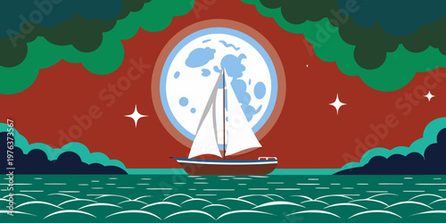 Sailboat at Night Under Moon Vector Illustration