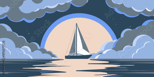 Sailboat at Night Under Moon Vector Illustration