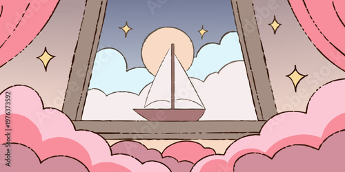 Sailboat at Night Under Moon Vector Illustration