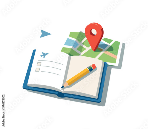 Minimal city break travel planning concept with map notebook and location pin loosely arranged seen from a top-down angle, offset