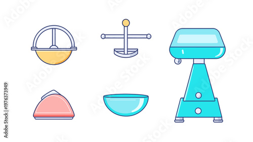 Colorful vector illustration of various kitchen objects, bowls, and appliances on white