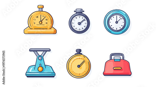 Colorful illustrated collection of clocks, timers and measuring tools with a clean white background