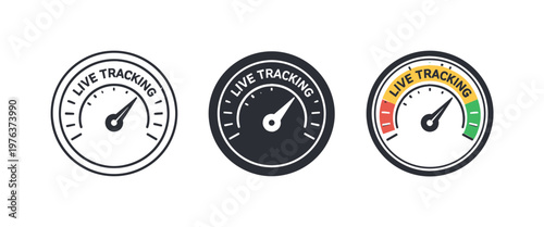 Live tracking concept illustrated by a circular dashboard gauge with needle and tick marks, clearly readable as a single