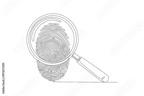 Illustration of a magnifying glass examining a fingerprint in closeup detail for forensic analysis
